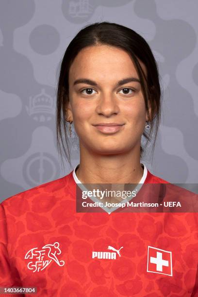 Riola Xhemaili of Switzerland poses for a portrait during the official UEFA Women's EURO 2022 portrait session on June 17, 2022 in Rheda-Wiedenbruck,...