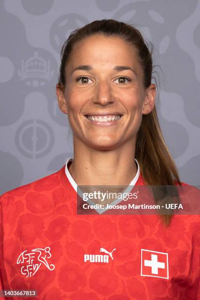 Sandy Maendly of Switzerland poses for a portrait during the official UEFA Women's EURO 2022 portrait session on June 17, 2022 in Rheda-Wiedenbruck,...