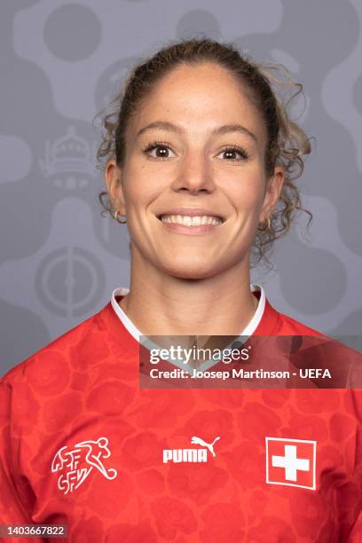 Luana Buehler of Switzerland poses for a portrait during the official UEFA Women's EURO 2022 portrait session on June 17, 2022 in Rheda-Wiedenbruck,...