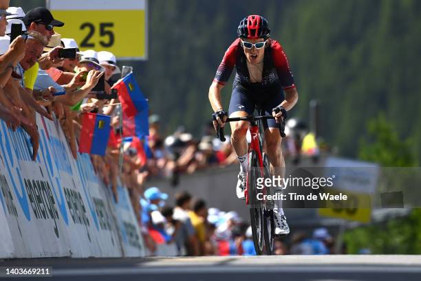 Geraint Thomas of The United Kingdom and Team INEOS Grenadiers crosses the finishing line during the 85th Tour de Suisse 2022 - Stage 7 a 194,6km...