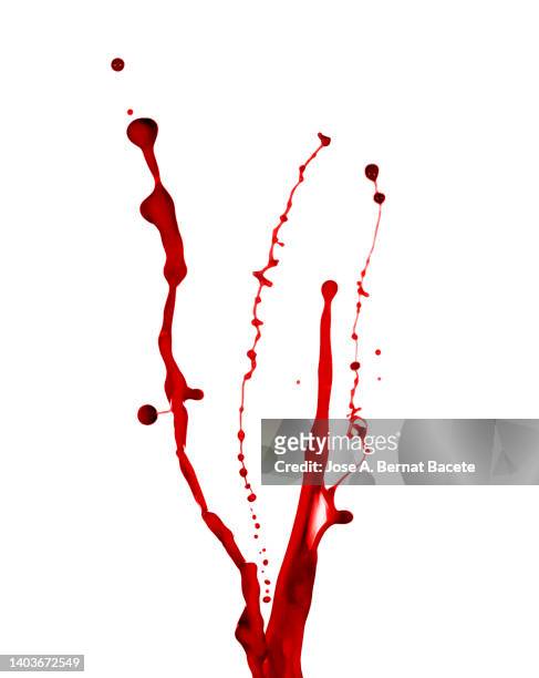 full frame of splashes and drops of red liquid in the form of blood, on a white background. - bloody death stockfoto's en -beelden