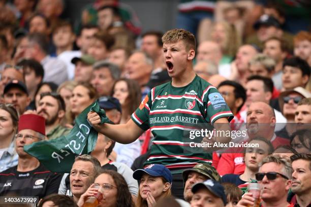 Fan of Leicester Tigers reacts during the Gallagher Premiership Rugby Final match between Leicester Tigers and Saracens at Twickenham Stadium on June...