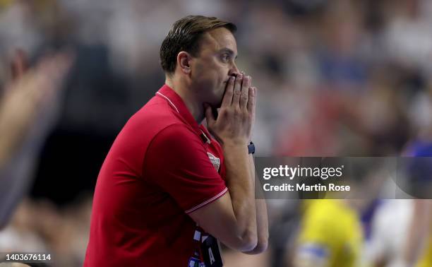 Ilic Momir, head coach of Telekom Veszprem reacts during the EHF Champions League Final4 Men second semi final match between Telekom Veszprem HC and...