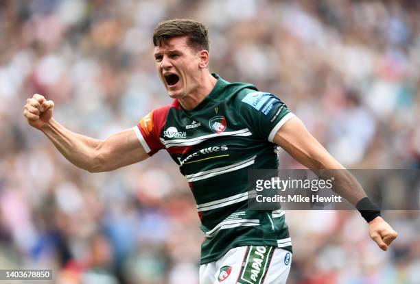 Freddie Burns of Leicester Tigers celebrates after scoring a drop goal to seal victory for Leicester Tigers in the Gallagher Premiership Rugby Final...