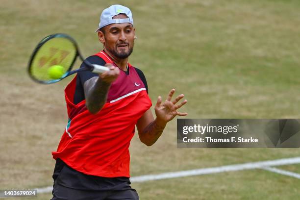 Nick Kyrgios of Australia plays a forehand in his match against Hubert Hurkacz of Poland during day eight of the 29th Terra Wortmann Open at...