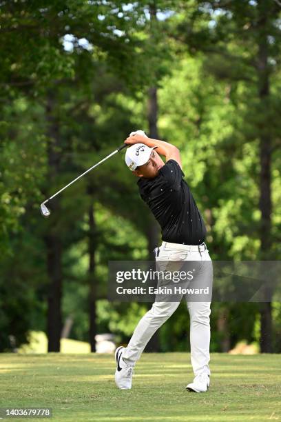 Kevin Yu of Chinese Taipei plays his shot from the eighth tee during the first round of the BMW Charity Pro-Am at Thornblade Club on June 09, 2022 in...