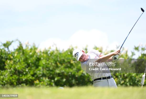 Shad Tuten plays his shot from the tenth tee during the first round of the BMW Charity Pro-Am at Thornblade Club on June 09, 2022 in Greer, South...