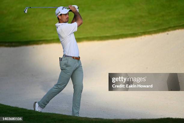 Dawson Armstrong plays his second shot of the second hole during the first round of the BMW Charity Pro-Am at Thornblade Club on June 09, 2022 in...