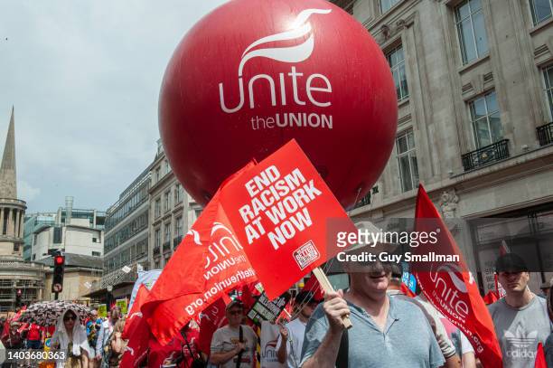 Members of the UNITE trade union join the National TUC Cost of Living demonstration ''We Demand Better'', on June 18, 2022 in London, England. Unions...