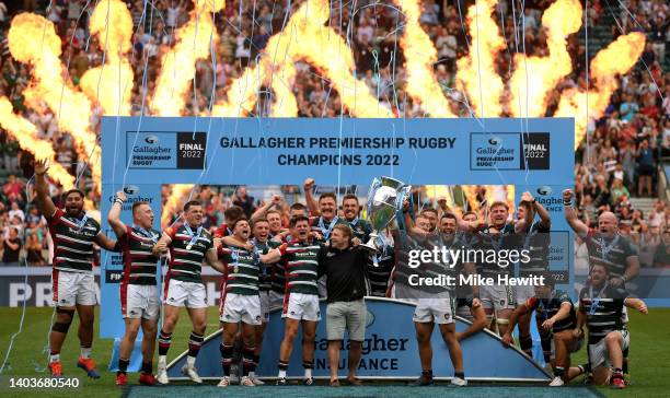 Tom Youngs and Ellis Genge of Leicester Tigers, lift the Gallagher Premiership Trophy after the final whistle of the Gallagher Premiership Rugby...