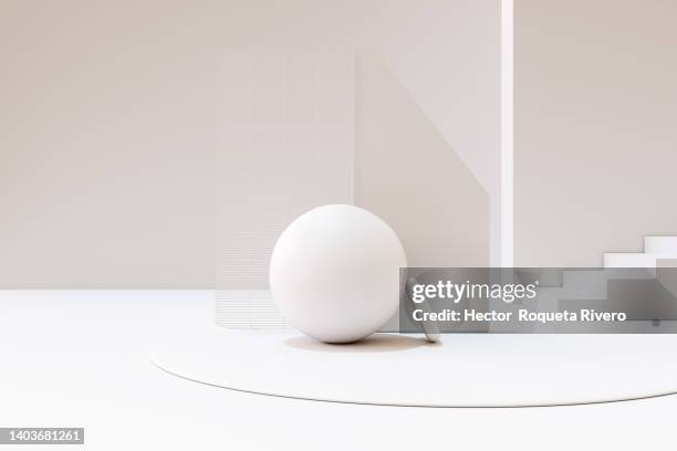 sphere and geometric figures in a background with stairs, abstract geometric backgrounds concept, 3d render in white color - rounded cube bildbanksfoton och bilder