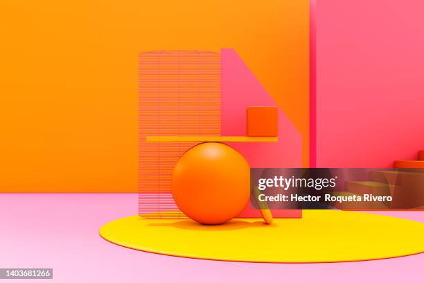 sphere and geometric figures in a background with stairs, abstract geometric backgrounds concept, 3d render in yellow, pink and orange colors. - shopping abstract stock pictures, royalty-free photos & images