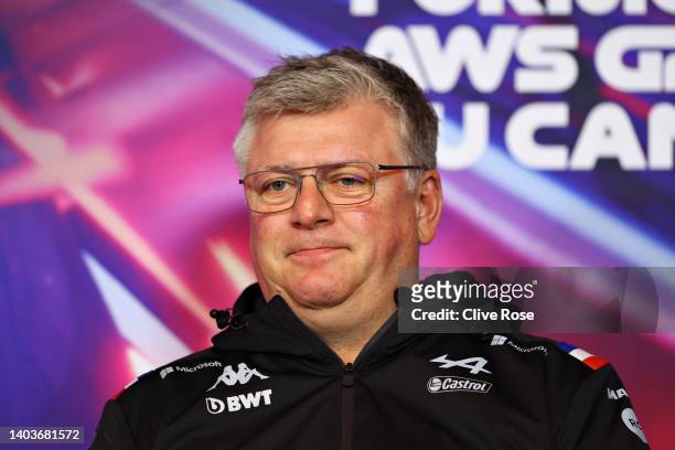 Otmar Szafnauer, Team Principal of Alpine F1 looks on in the Team Principals Press Conference prior to final practice ahead of the F1 Grand Prix of...