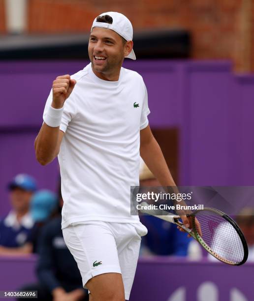 Filip Krajinovic of Serbia celebrates after winning match point against Marin Cilic of Croatia during the Men's Singles Semi-Final match on day six...