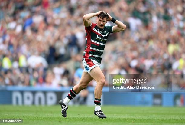 Freddie Burns of Leicester Tigers reacts after scoring a drop goal to seal victory for Leicester Tigers in the Gallagher Premiership Rugby Final...