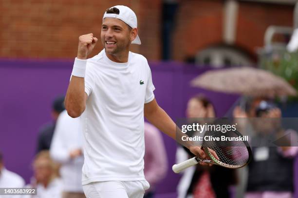 Filip Krajinovic of Serbia celebrates after winning match point against Marin Cilic of Croatia during the Men's Singles Semi-Final match on day six...