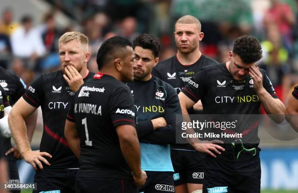 Players of Saracens react following defeat in the Gallagher Premiership Rugby Final match between Leicester Tigers and Saracens at Twickenham Stadium...
