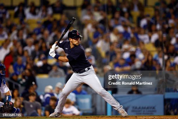 Luke Maile of the Cleveland Guardians in the fourth inning at Dodger Stadium on June 17, 2022 in Los Angeles, California.