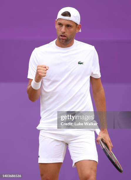 Filip Krajinovic of Serbia celebrates a point against Marin Cilic of Croatia during the Men's Singles Semi-Final match on day six of the cinch...