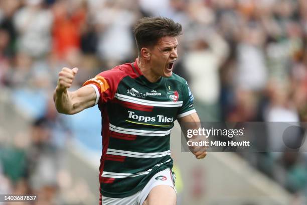 Freddie Burns of Leicester Tigers celebrates after scoring a drop goal to seal victory for Leicester Tigers in the Gallagher Premiership Rugby Final...