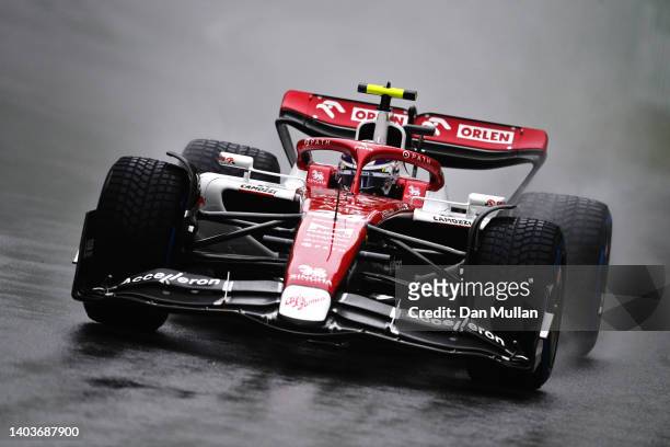 Zhou Guanyu of China driving the Alfa Romeo F1 C42 Ferrari in the wet during final practice ahead of the F1 Grand Prix of Canada at Circuit Gilles...
