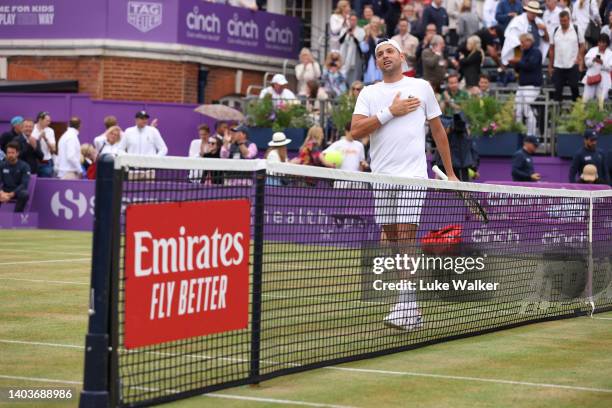 Filip Krajinovic of Serbia celebrates a point against Marin Cilic of Croatia during the Men's Singles Semi-Final match on day six of the cinch...