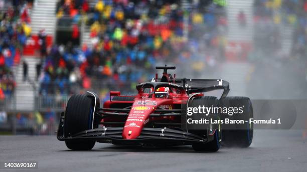 Charles Leclerc of Monaco driving the Ferrari F1-75 in the wet during final practice ahead of the F1 Grand Prix of Canada at Circuit Gilles...