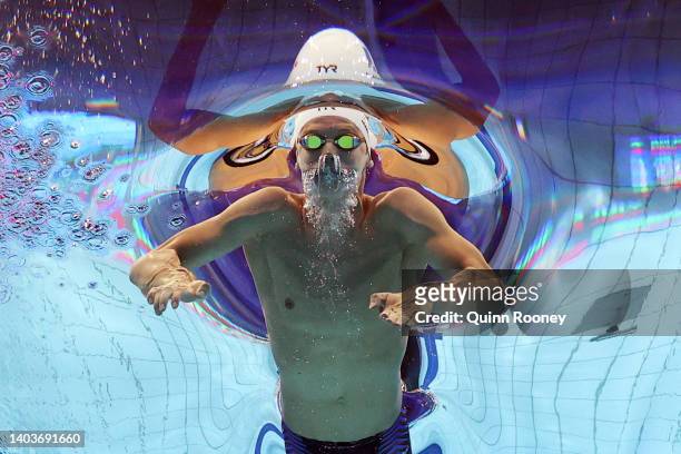 Leon Marchand of Team France competes in the Men's 400m Medley Final on day one of the Budapest 2022 FINA World Championships at Duna Arena on June...