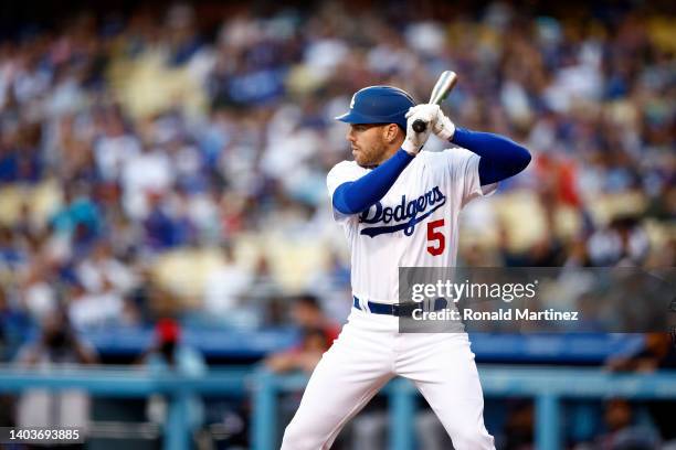 Freddie Freeman of the Los Angeles Dodgers in the first inning at Dodger Stadium on June 17, 2022 in Los Angeles, California.