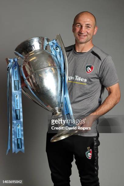 Steve Borthwick, Head Coach of Leicester Tigers, poses for a photograph with the Gallagher Premiership Trophy after the final whistle of the...