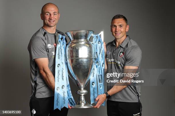 Steve Borthwick, Head Coach of Leicester Tigers, and Kevin Sinfield poses for a photograph with the Gallagher Premiership Trophy after the final...