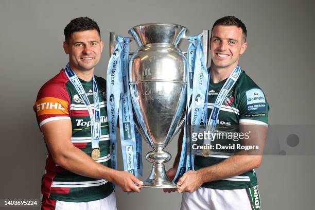 Ben Youngs and George Ford of Leicester Tigers poses for a photograph with the Gallagher Premiership Trophy after the final whistle of the Gallagher...