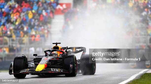 Max Verstappen of the Netherlands driving the Oracle Red Bull Racing RB18 in the wet during final practice ahead of the F1 Grand Prix of Canada at...