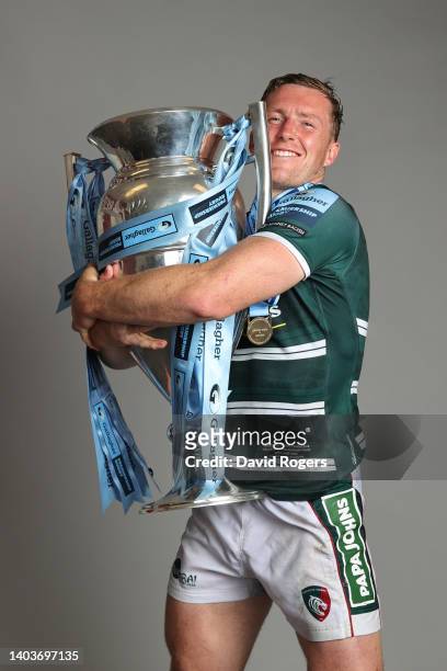 Harry Potter of Leicester Tigers poses for a photograph with the Gallagher Premiership Trophy after the final whistle of the Gallagher Premiership...