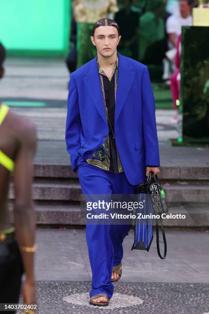 Anwar Hadid walks the runway at the Versace fashion show during the Milan Fashion Week S/S 2023 on June 18, 2022 in Milan, Italy.