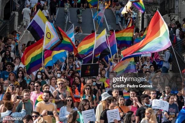 Lisbon Pride March descending Rua do Alecrim on June 18, 2022 in Lisbon, Portugal. This is the 23rd annual LGBTI+ march, this year under the slogan...