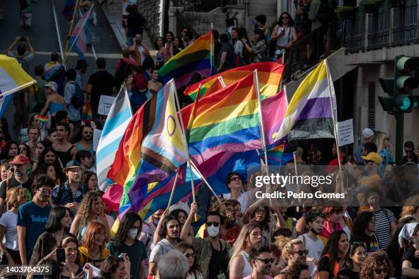 Lisbon Pride March descending Rua do Alecrim on June 18, 2022 in Lisbon, Portugal. This is the 23rd annual LGBTI+ march, this year under the slogan...