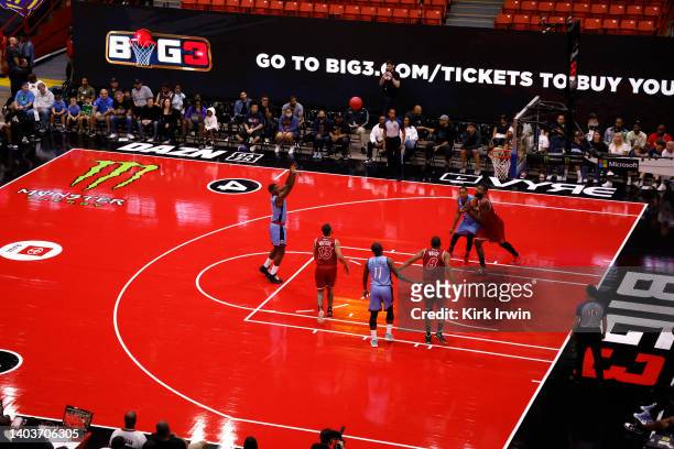 Joe Johnson of the Triplets attempts a free throw against the Trilogy during Week One at Credit Union 1 Arena on June 18, 2022 in Chicago, Illinois.