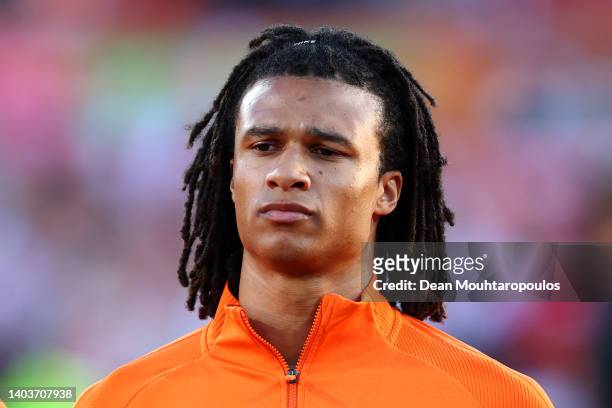 Nathan Ake of Netherlands stands for the national anthem prior to the UEFA Nations League League A Group 4 match between Netherlands and Poland at...