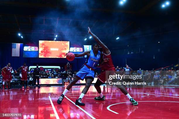 Joe Johnson of the Triplets dribbles against Earl Clark of the Trilogy on a 1v1 call during Week One at Credit Union 1 Arena on June 18, 2022 in...