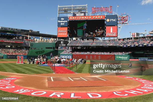 Former Washington National Ryan Zimmerman speaks during his retirement ceremony before a baseball game against the Philadelphia Phillies at Nationals...