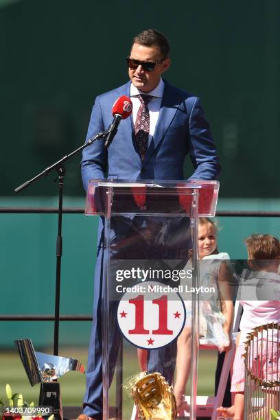 Former Washington Nationals Ryan Zimmerman talks to the fans during his retirement ceremony before a baseball game against the Philadelphia Phillies...