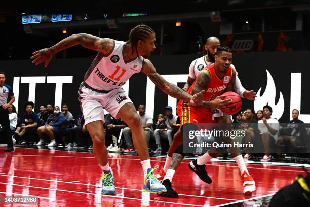 Gerald Green of Bivouac is fouled by Michael Beasley of 3's Company during Week One at Credit Union 1 Arena on June 18, 2022 in Chicago, Illinois.