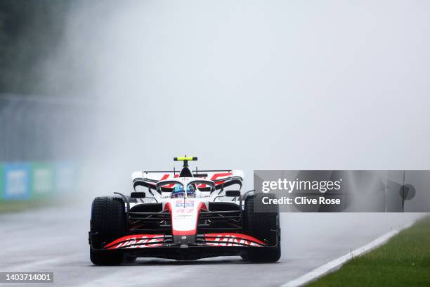 Mick Schumacher of Germany driving the Haas F1 VF-22 Ferrari in the wet during qualifying ahead of the F1 Grand Prix of Canada at Circuit Gilles...