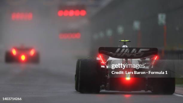 Mick Schumacher of Germany driving the Haas F1 VF-22 Ferrari in the wet during qualifying ahead of the F1 Grand Prix of Canada at Circuit Gilles...