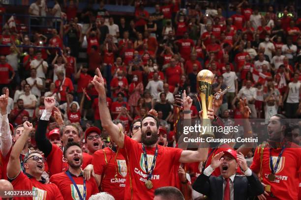 Luigi Datome of AX Armani Exchange Olimpia Milano celebrate with the Scudetto trophy during the award ceremony after the LBA Lega Basket Serie A...