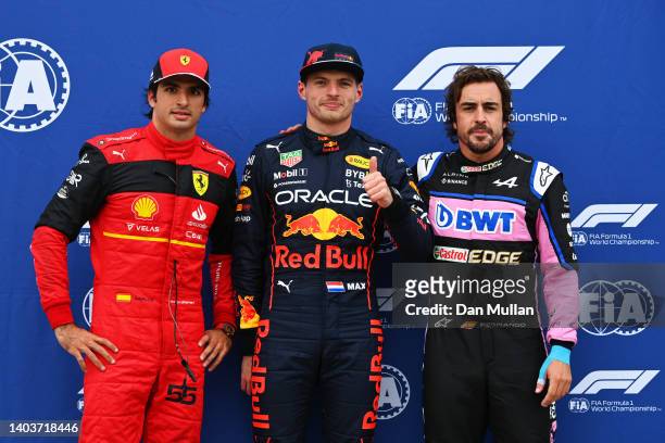 Pole position qualifier Max Verstappen of the Netherlands and Oracle Red Bull Racing , Second placed qualifier Fernando Alonso of Spain and Alpine F1...