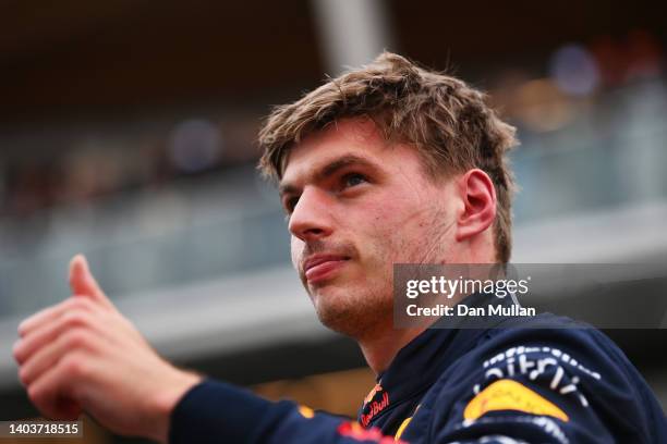 Pole position qualifier Max Verstappen of the Netherlands and Oracle Red Bull Racing celebrates in parc ferme during qualifying ahead of the F1 Grand...