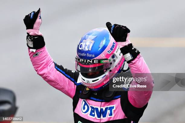 Second placed qualifier Fernando Alonso of Spain and Alpine F1 celebrates in parc ferme during qualifying ahead of the F1 Grand Prix of Canada at...