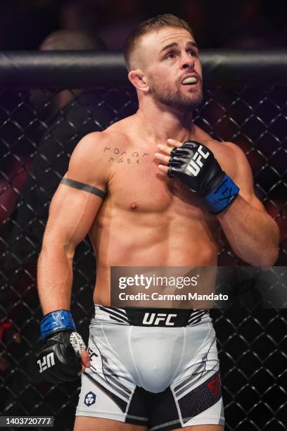 Cody Stamann celebrates defeating Eddie Wineland during their bantamweight fight at the UFC Fight Night event at Moody Center on June 18, 2022 in...